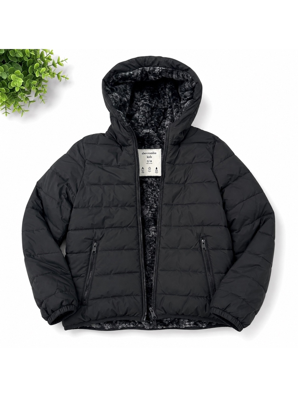 Abercrombie Kids Black Hooded Puffer Jacket Faux Fur Lined Size 13/14